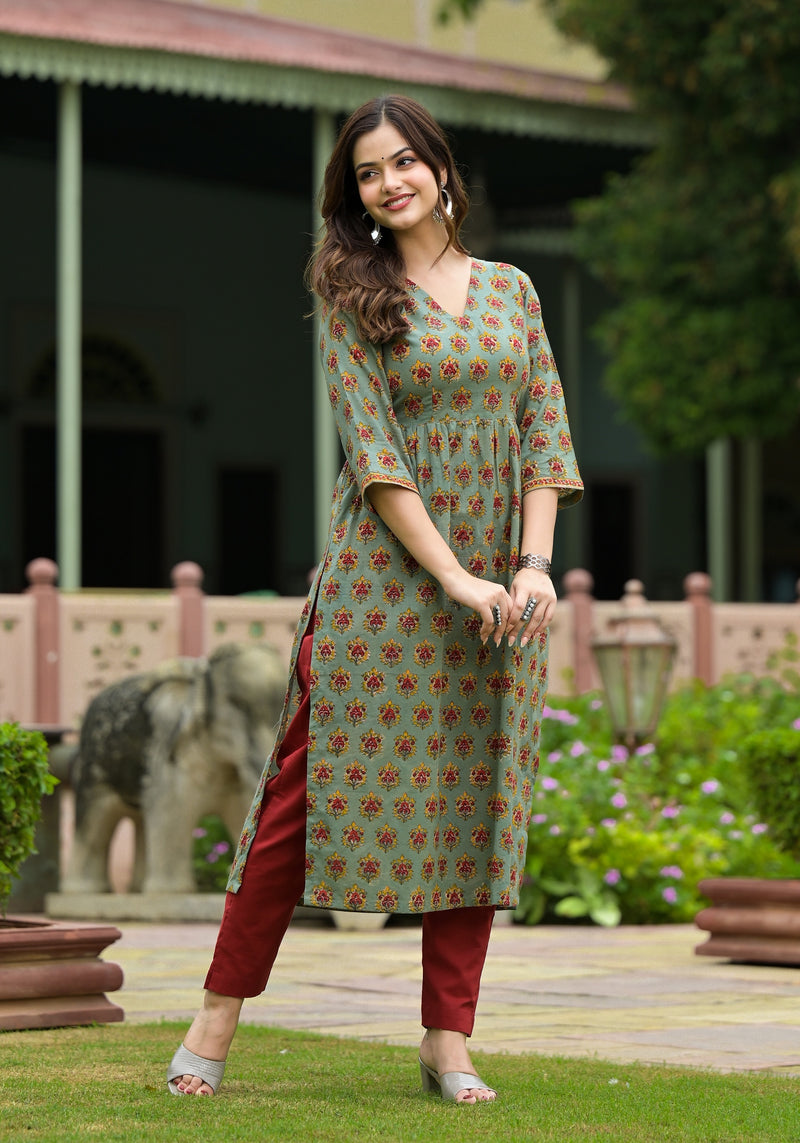 Gulbarg Green Hand Block Buti Print Cotton Kurta