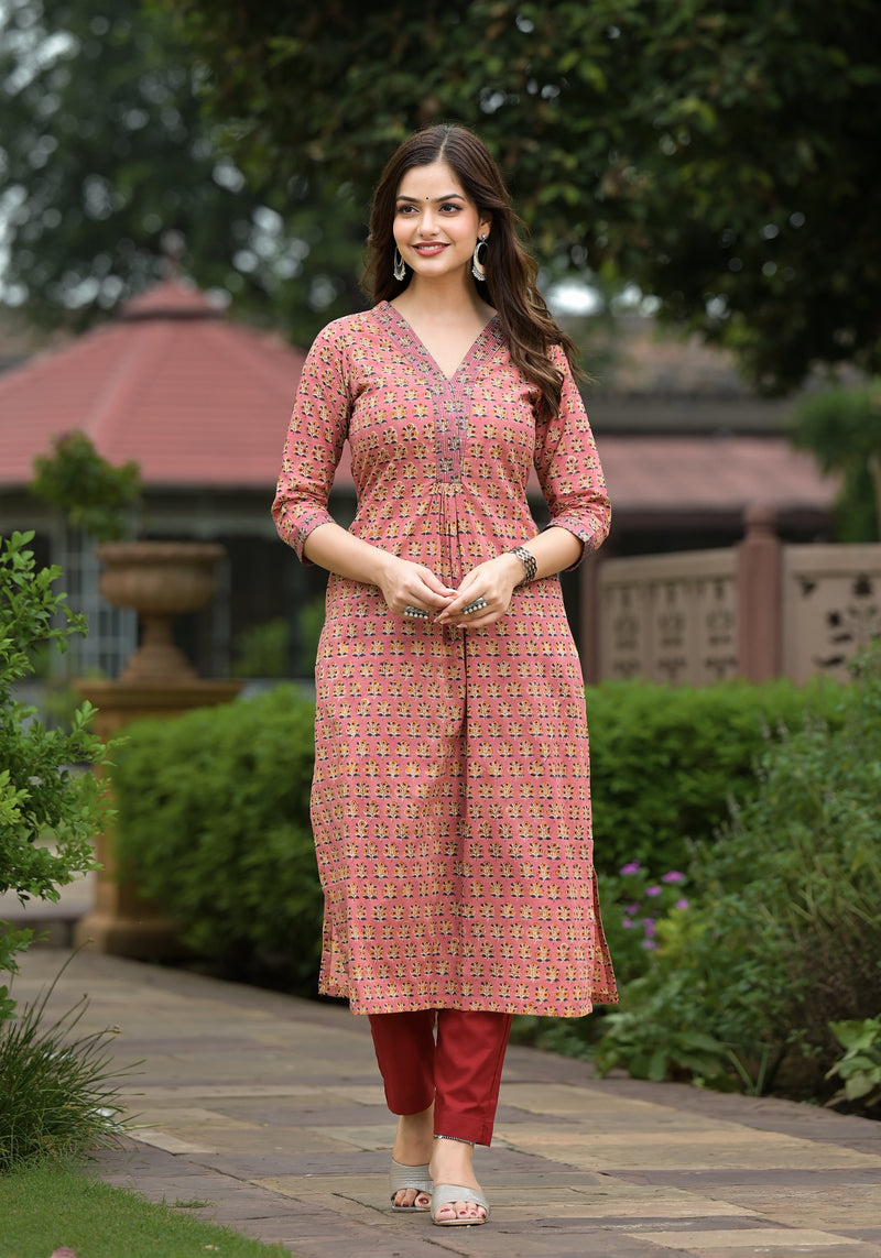 Parveen Peach Hand Block Buti Print Cotton Straight Kurta