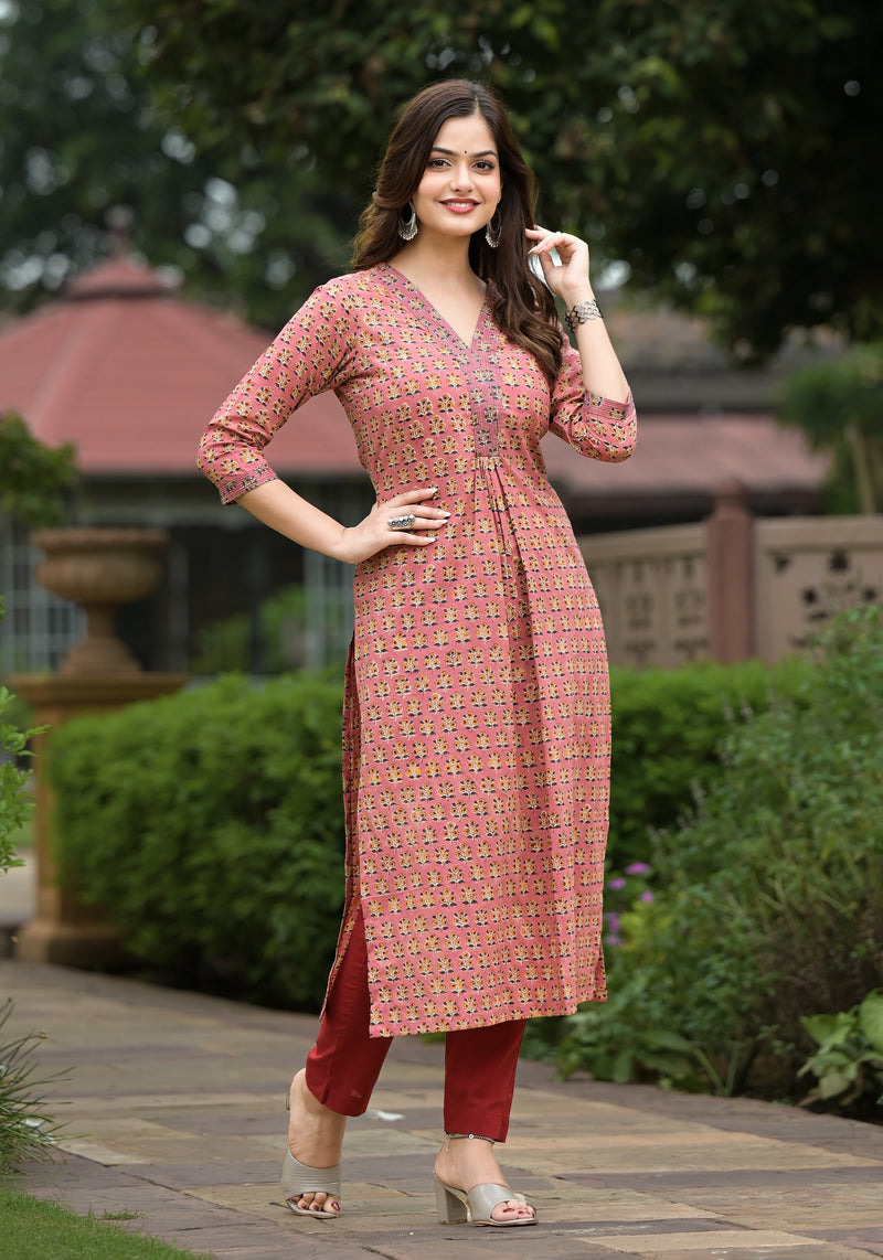 Parveen Peach Hand Block Buti Print Cotton Straight Kurta