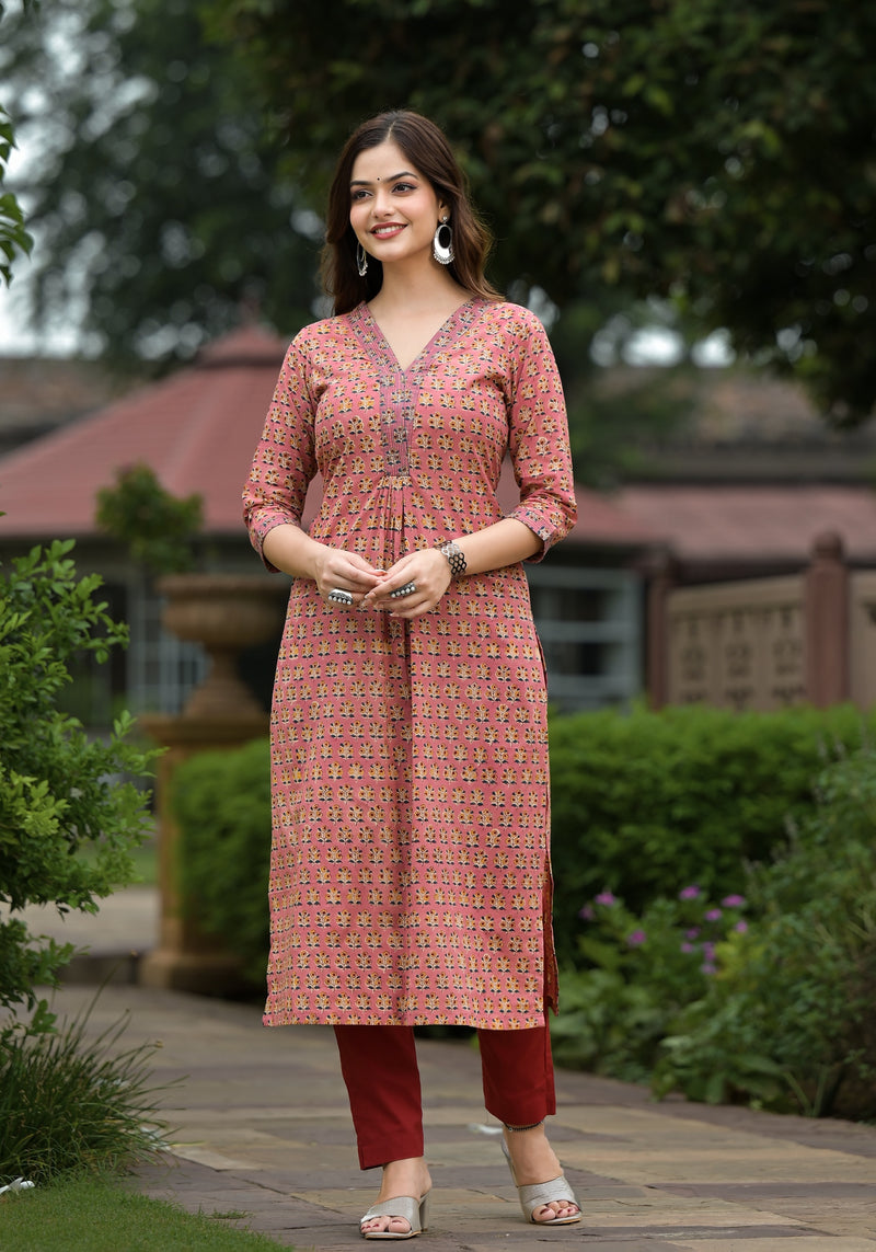 Parveen Peach Hand Block Buti Print Cotton Straight Kurta