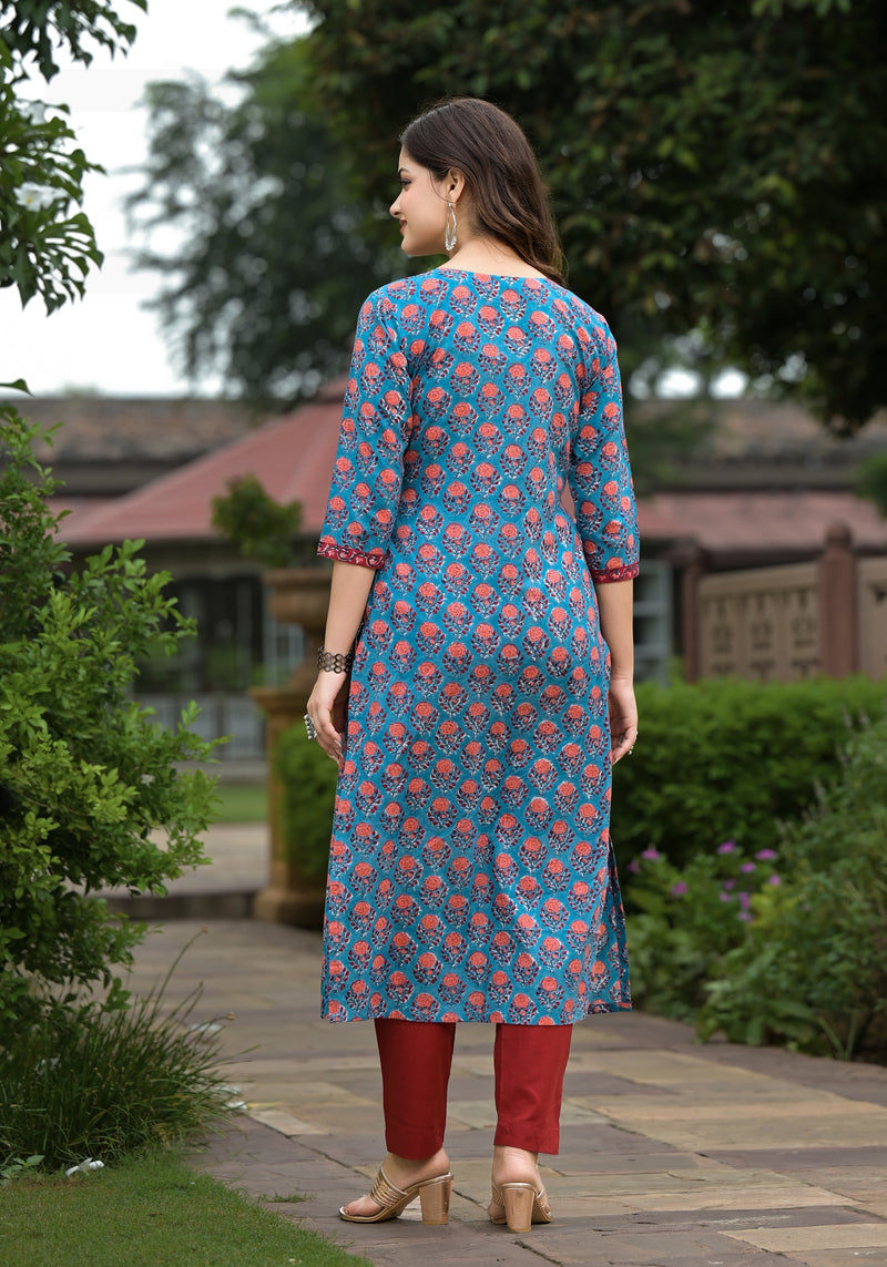 Brihag Blue Buti Print Straight Cotton Kurta