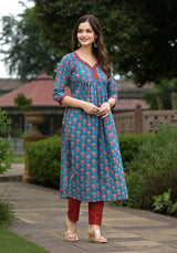 Brihag Blue Buti Print Straight Cotton Kurta