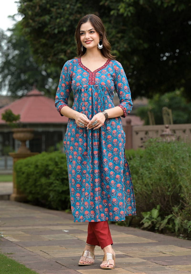 Brihag Blue Buti Print Straight Cotton Kurta