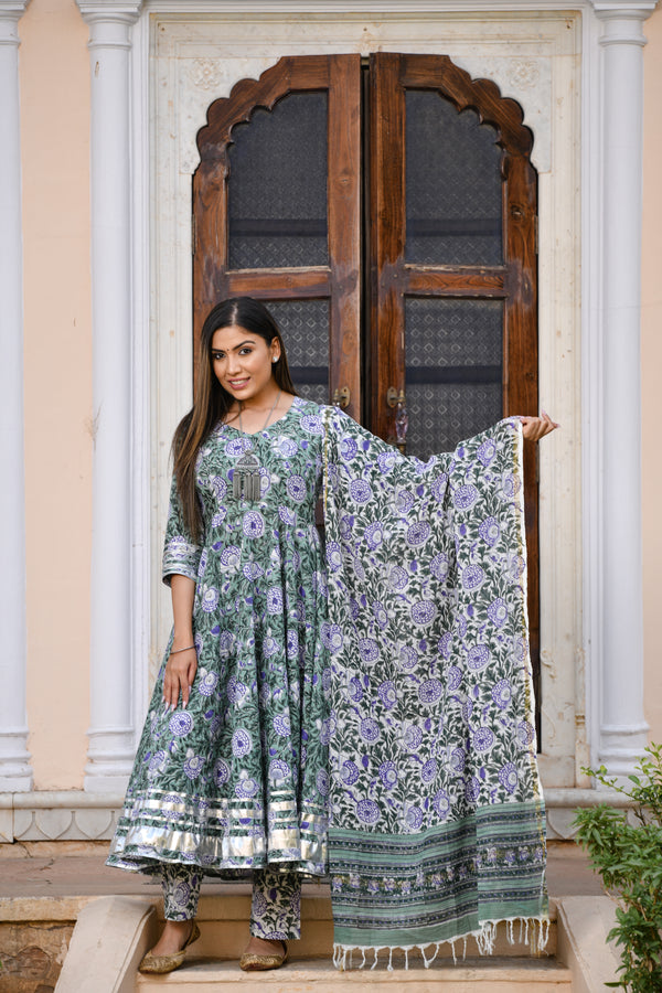 Mystical Green Anarkali Handblock Suit Set With Lavender Floral Motifs