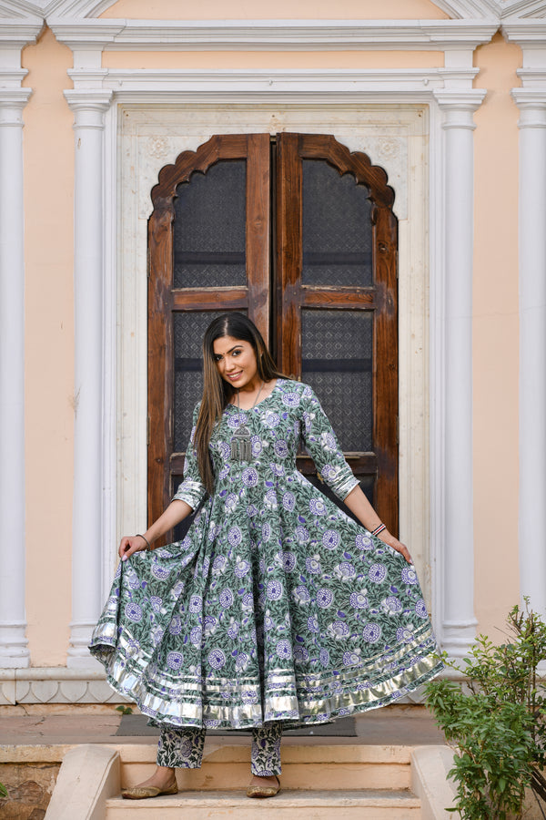 Mystical Green Anarkali Handblock Suit Set With Lavender Floral Motifs