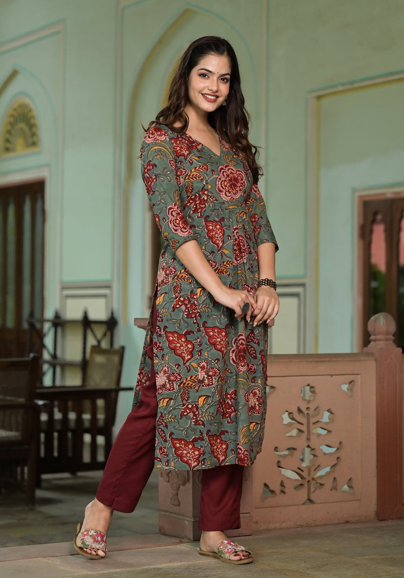Inaya Green Hand Block Print Cotton Kurta