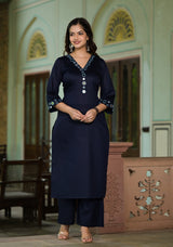 Lavanya Navy Blue Cotton Straight Handwork Suit Set