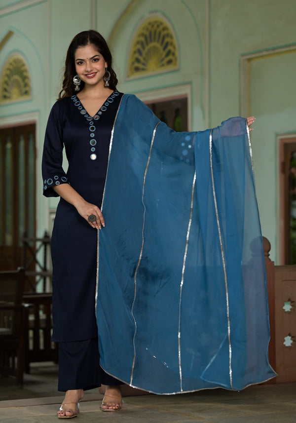 Lavanya Navy Blue Cotton Straight Handwork Suit Set