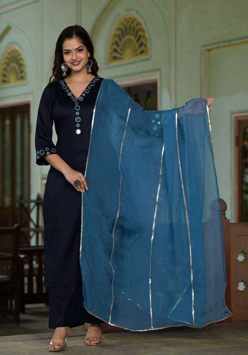 Lavanya Navy Blue Cotton Straight Handwork Suit Set