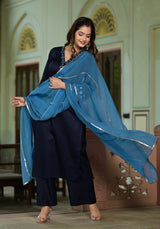 Lavanya Navy Blue Cotton Straight Handwork Suit Set