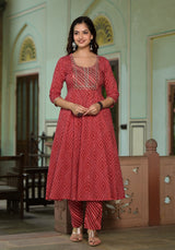 Roza Pink Lehriya Kalidaar Embroidered Cotton Suit Set