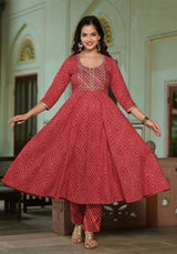 Roza Pink Lehriya Kalidaar Embroidered Cotton Kurta Pant Only
