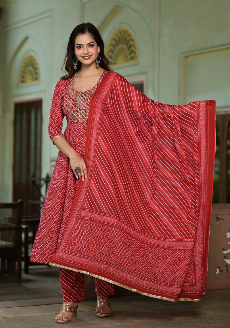 Roza Pink Lehriya Kalidaar Embroidered Cotton Suit Set
