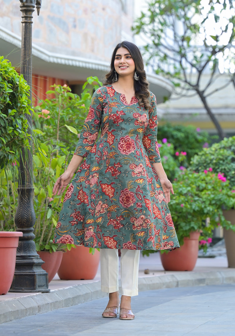 Neerja Floral Handblock Printed A-Line Kurta