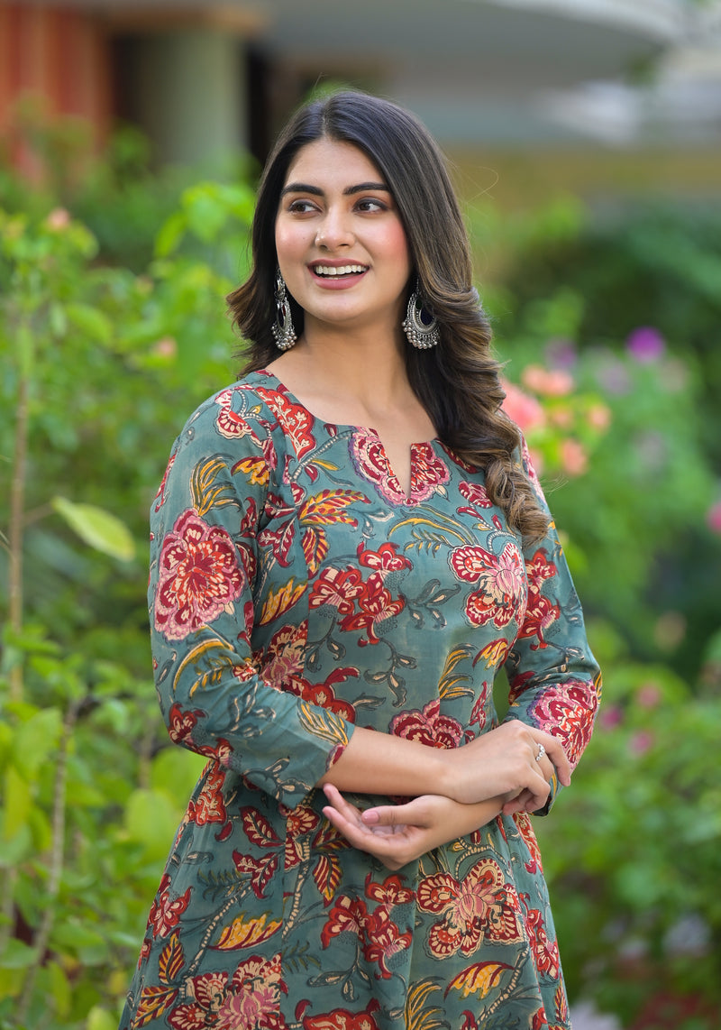 Neerja Floral Handblock Printed A-Line Kurta