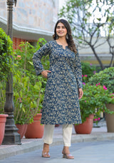 Yashi Leafy Handblock Printed A-Line Kurta