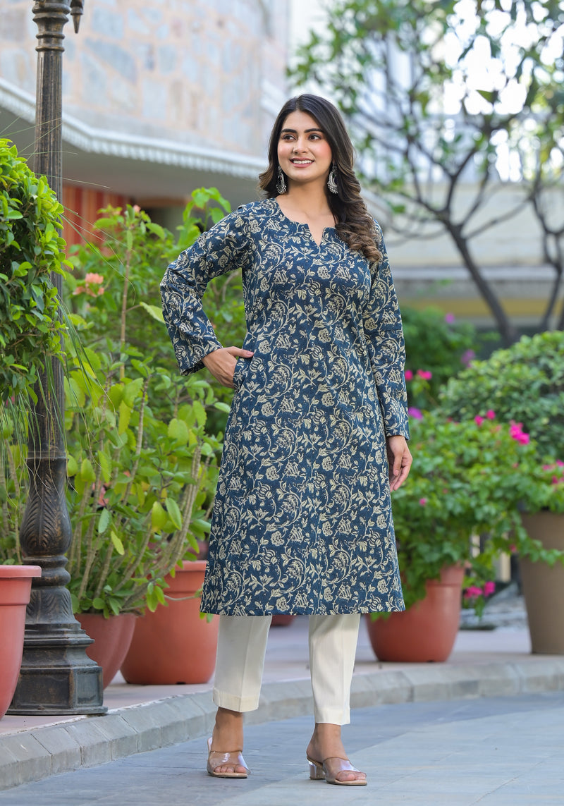 Yashi Leafy Handblock Printed A-Line Kurta