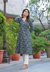 Yashi Leafy Handblock Printed A-Line Kurta