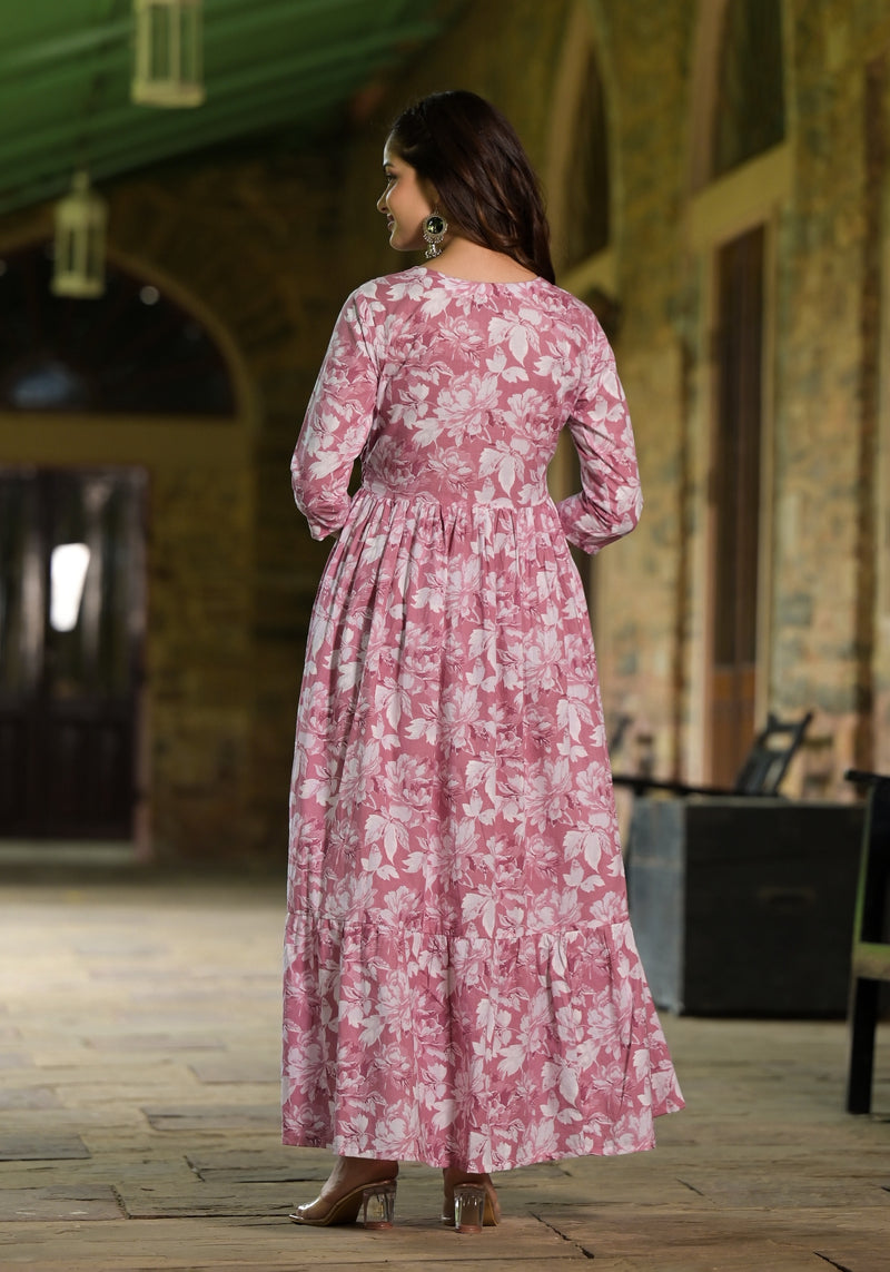 Paarkhi Pink Jaal Print Cotton Gathered Dress