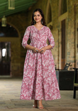 Paarkhi Pink Jaal Print Cotton Pleated Yoke Dress