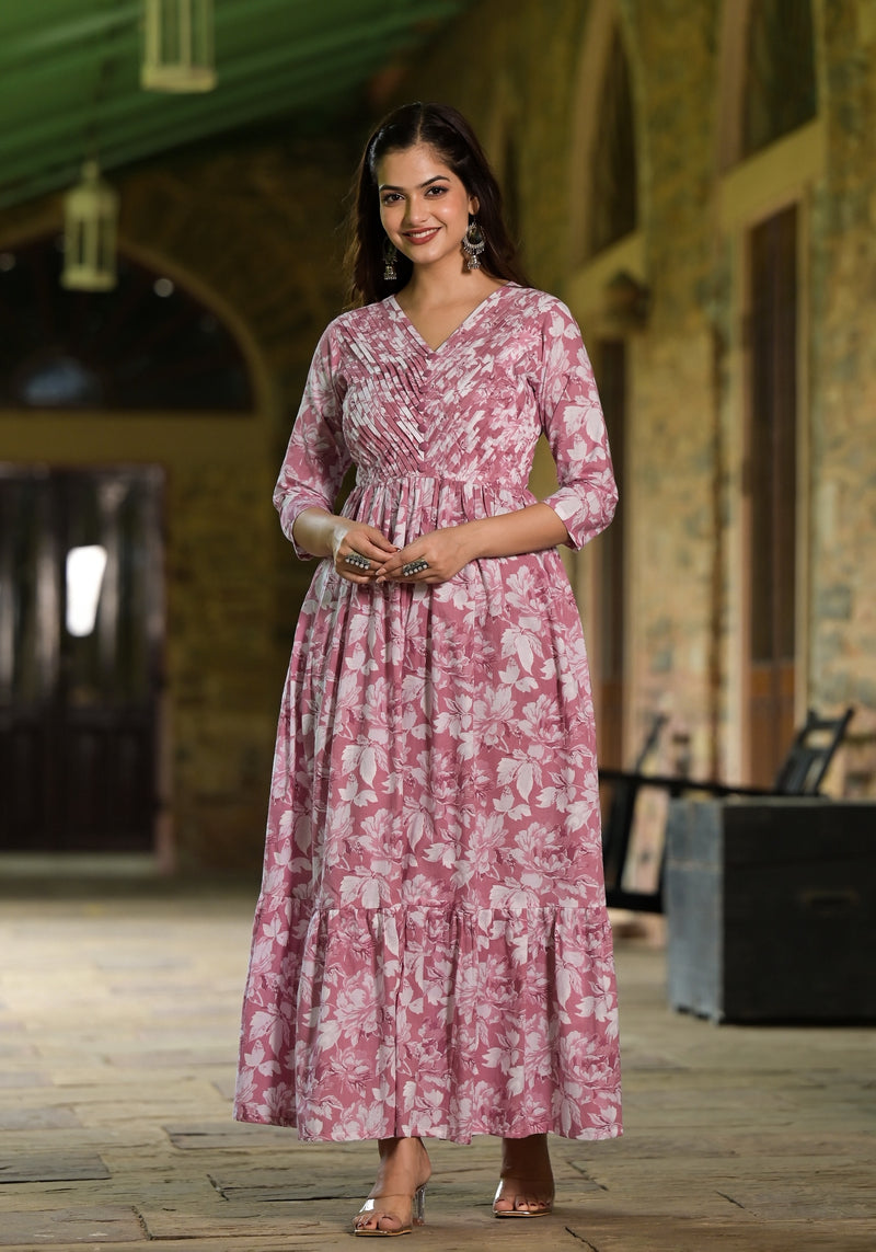 Paarkhi Pink Jaal Print Cotton Gathered Dress