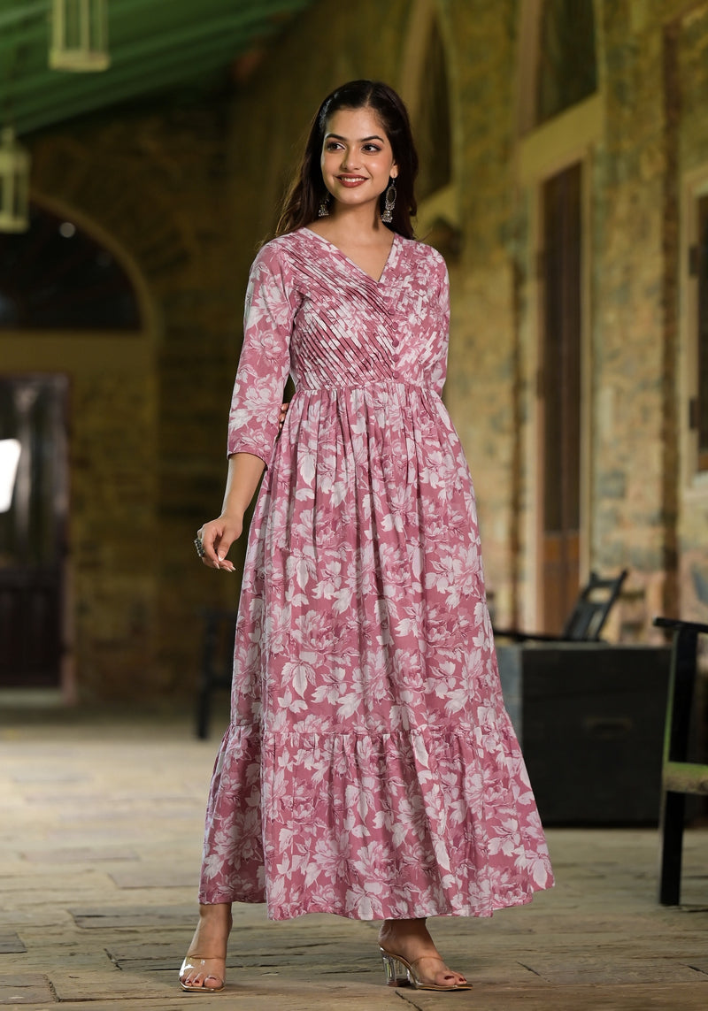 Paarkhi Pink Jaal Print Cotton Pleated Yoke Dress