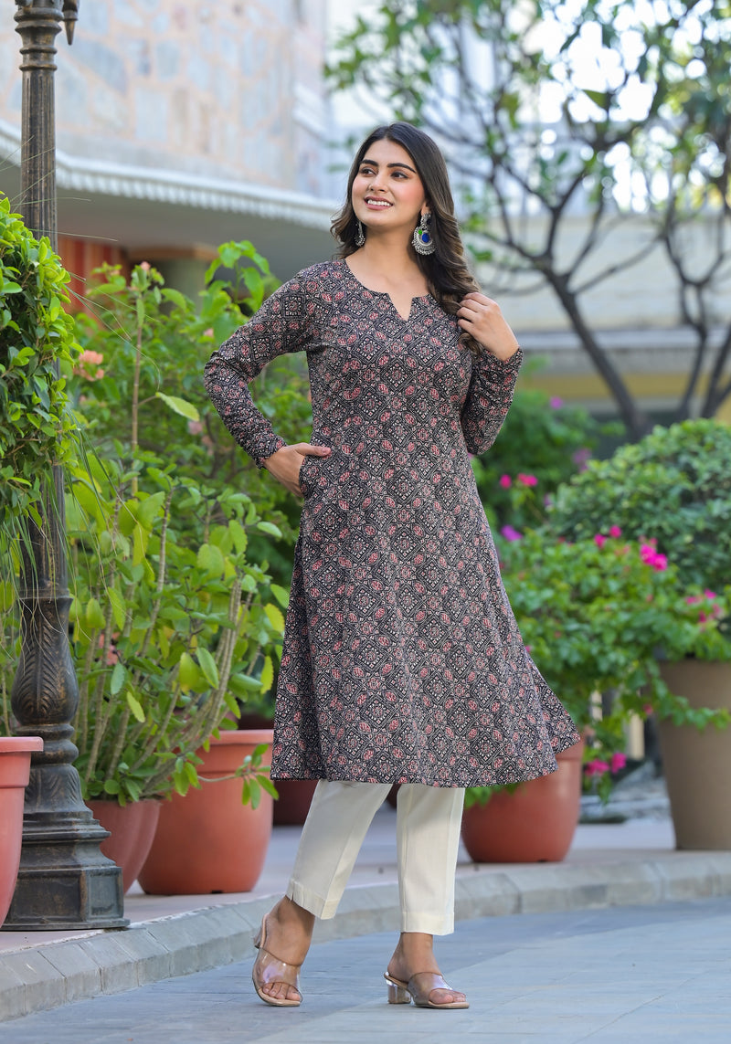 Kalindi Ajrakh Handblock Printed A-Line Kurta