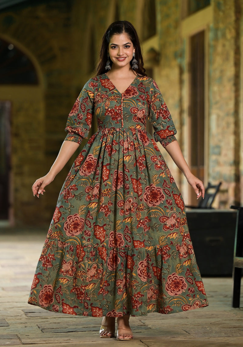 Gohar Green Hand Block Print Cotton Gathered Dress