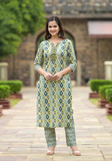 Aqsa Ikkat Print Cotton Embroidered Straight Suit set
