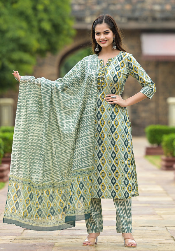 Aqsa Ikkat Print Cotton Embroidered Straight Suit set