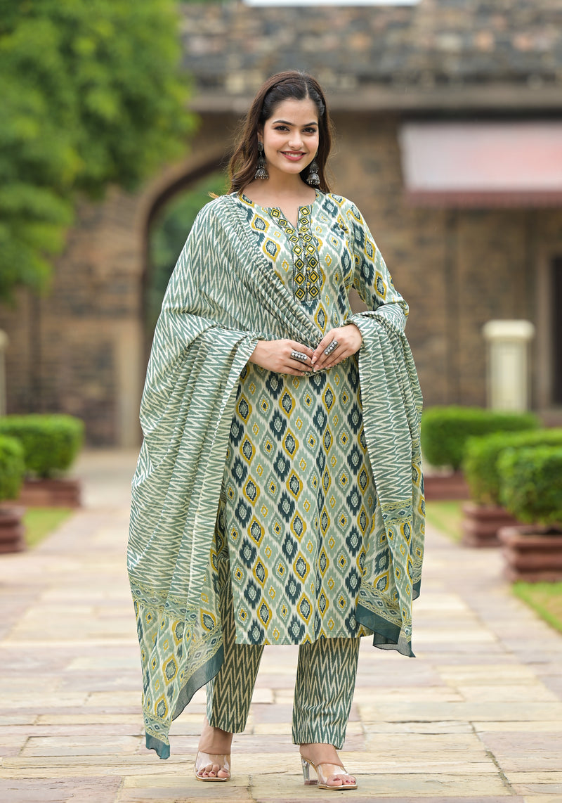 Aqsa Ikkat Print Cotton Embroidered Straight Suit set