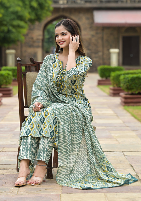 Aqsa Ikkat Print Cotton Embroidered Straight Suit set