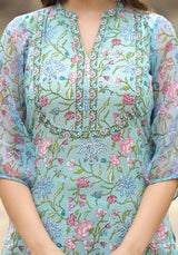 Turquoise Floral Steel Blue Kurta And Pant  Only