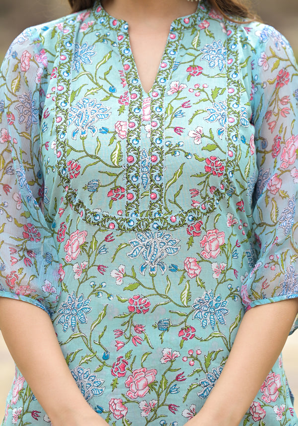 Turquoise Floral Steel Blue Kurta And Pant  Only