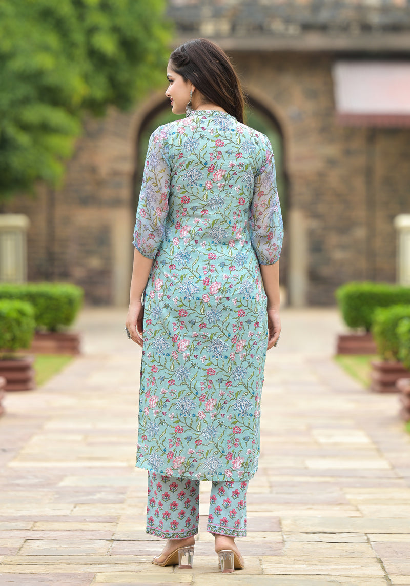 Turquoise Floral Steel Blue Kurta And Pant  Only