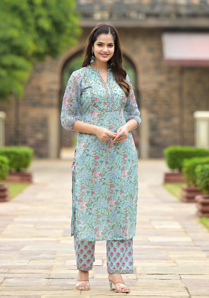 Turquoise Floral Steel Blue Kurta Only