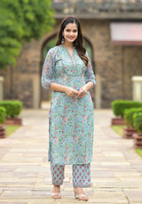 Turquoise Floral Steel Blue Kurta And Pant  Only