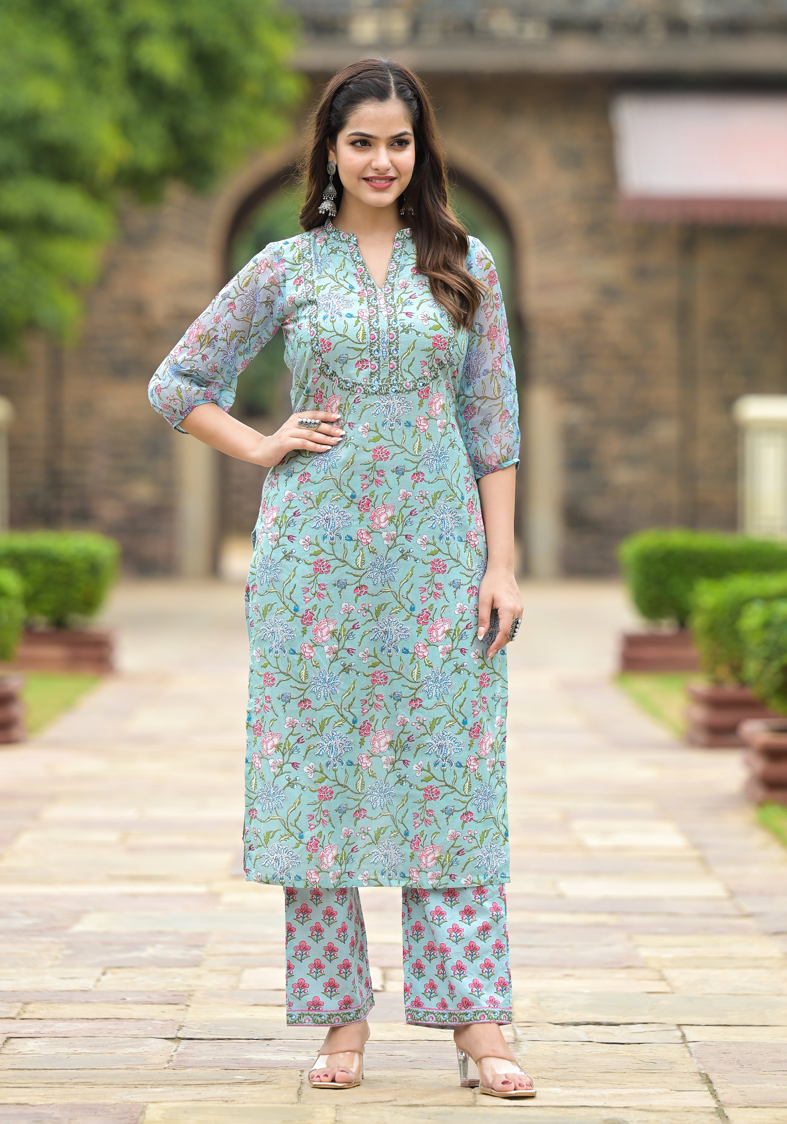 Shop Steel Blue Floral Suit Set with Chiffon Dupatta | Jaipuri Adaah
