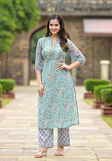 Turquoise Floral Steel Blue Kurta And Pant  Only
