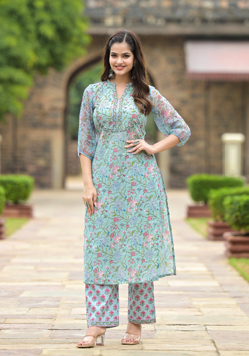 Turquoise Floral Steel Blue Kurta Only