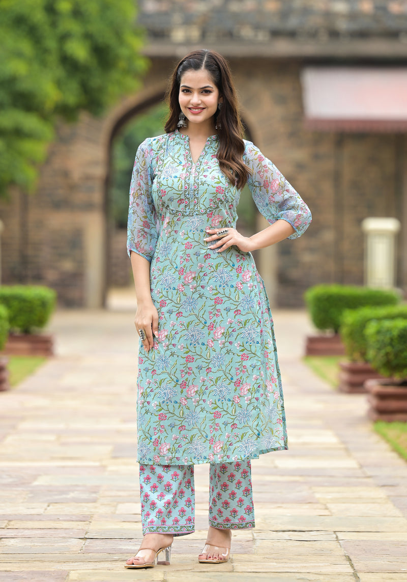 Turquoise Floral Steel Blue Kurta And Pant  Only