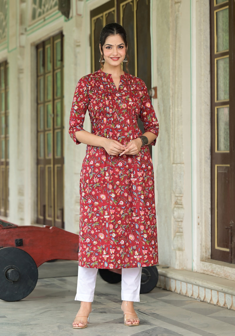 Reeti Red Hand Block Print Cotton Pleated Straight Kurta