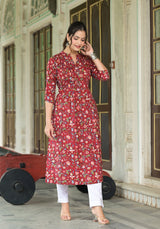 Reeti Red Hand Block Print Cotton Pleated Straight Kurta