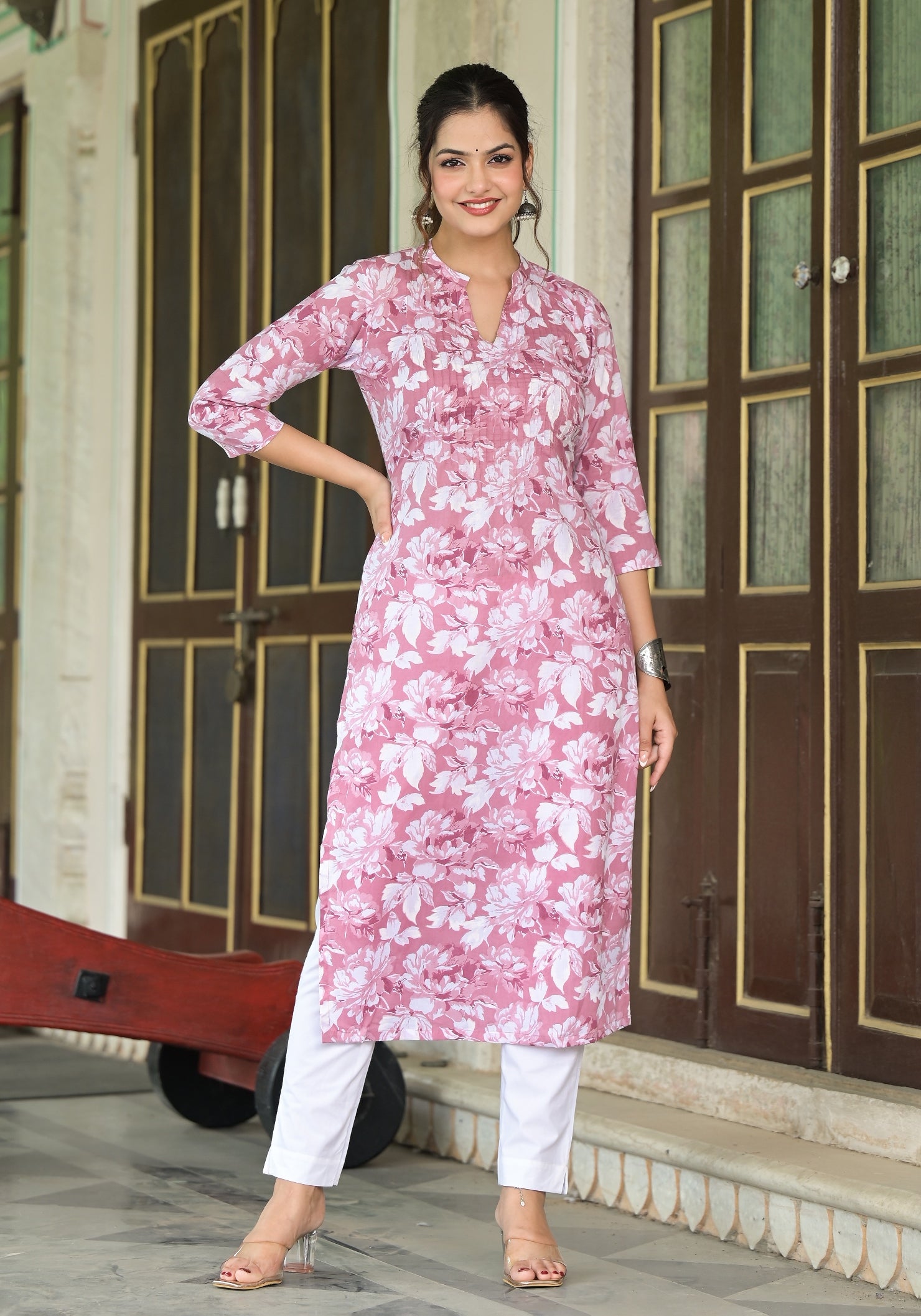 Pink - Light Coral - Jhiri Handloom Cotton Pintuck Long Straight Kurta