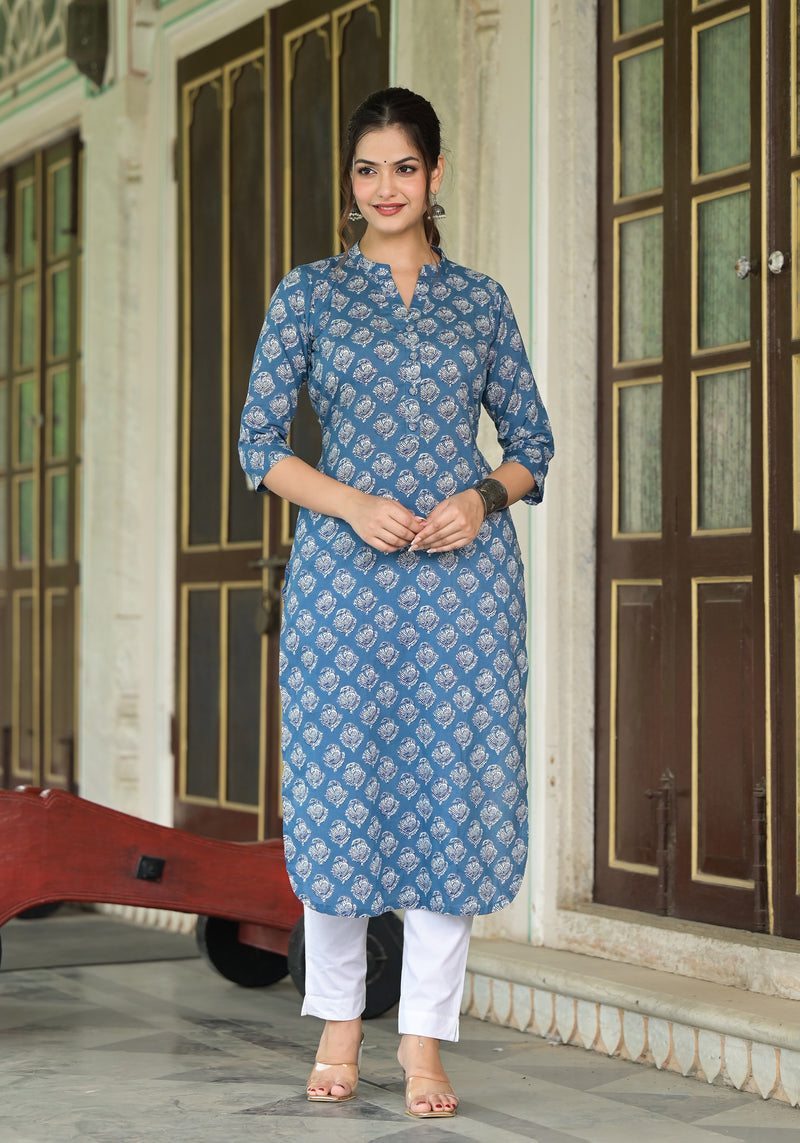 Aafreen Blue Buti Print Cotton Straight Kurta