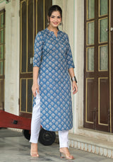 Aafreen Blue Buti Print Cotton Straight Kurta