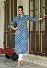 Aafreen Blue Buti Print Cotton Straight Kurta