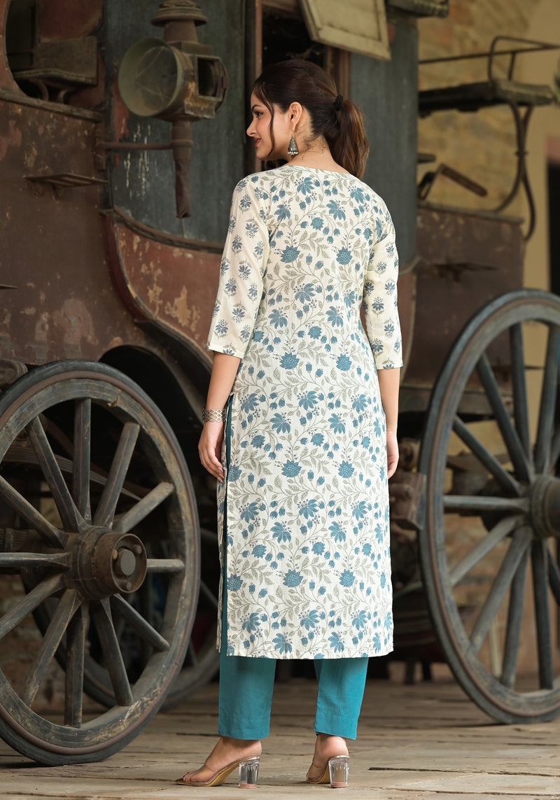 Amyra Off White Jaal Print Cotton Kurta