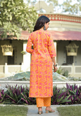 Oishi orange floral cotton Kurta Pant Set