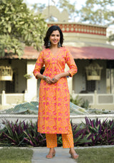 Oishi orange floral cotton Kurta Pant Set